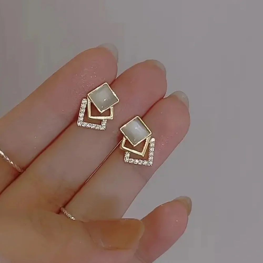 NEW Geometrical Square Modern Opal Cat Eye Stud Shinny Bright Evening Earrings